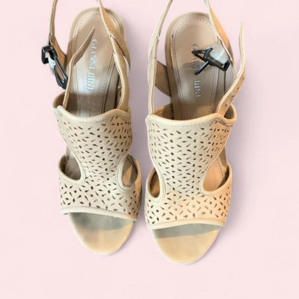 Gianni Bini Tan Leather Laser Cut Wedge Sandals Buckle Slingback Cream Heels
